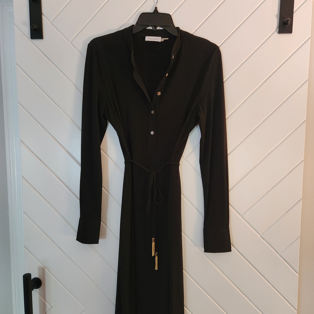 Calvin Klein Black Sheath Dress with Mandarin Collar